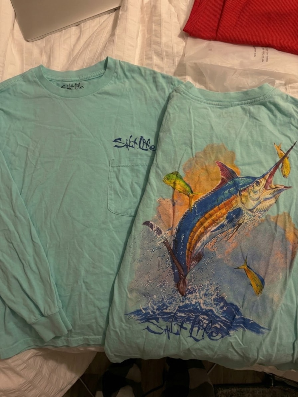 Salt Life Seafoam Long Sleeve Pocket Tee with Marlin Graphic